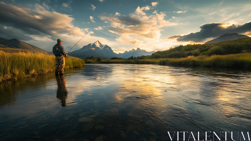 Angler stands in shallow river under golden hour alpine backlight