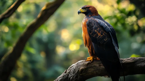 Majestic Eagle on Branch in Sunlit Forest, Photorealistic Nature Scene.