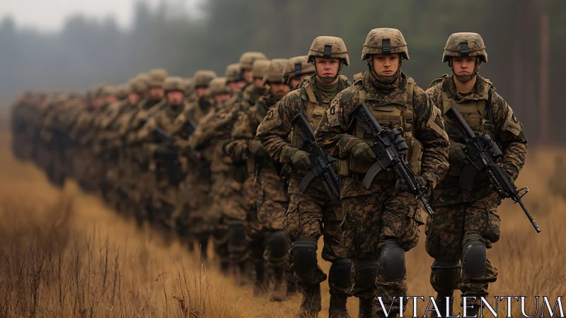 Soldiers marching in formation through misty training field.