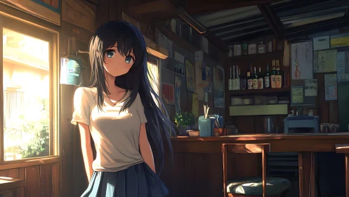 Girl stands in sunlit wooden café interior, quiet mood.