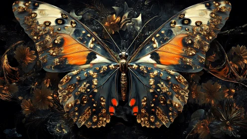 Gilded Emberwing butterfly crowned in midnight florals.