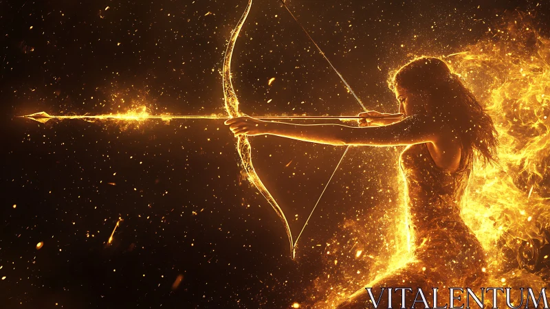 Fiery female archer draws blazing bow with molten sparks.