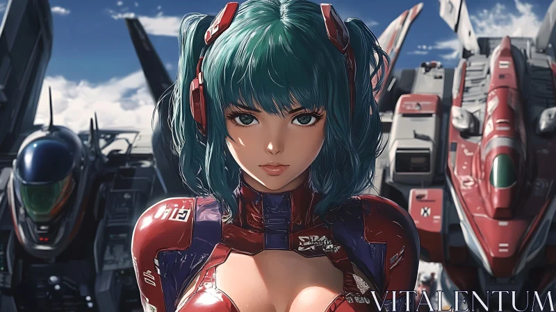 Mecha hangar pilot portrait with teal hair and red exosuit