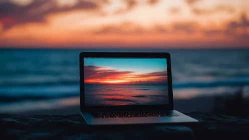 Laptop screen mirrors vivid sunset over calm ocean horizon