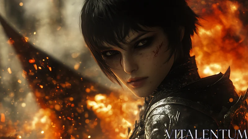 Battle-scarred dark knight framed by raining embers.