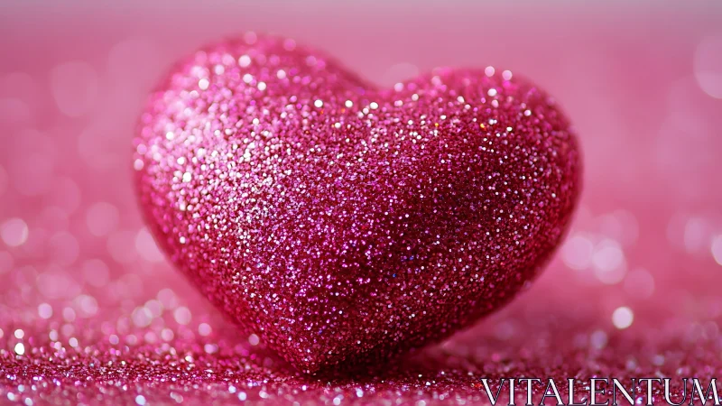 Glitter drenched pink heart glowing in dreamy bokeh haze.