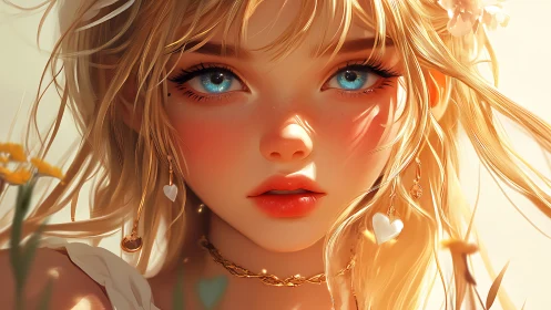 Blonde girl portrait shows stylized blue eyes and flowers