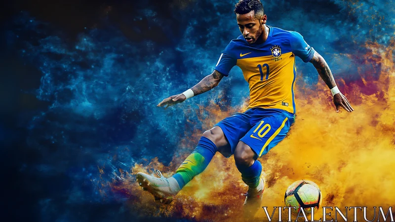 Brazilian soccer player in dynamic kick over abstract field.