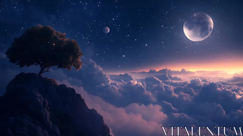 Solitary cliffside tree overlooks moonlit stratocumulus sea