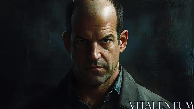 Intense middle aged man under hard chiaroscuro lighting.