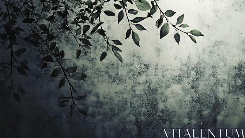 Moody botanical branches over textured concrete wall.
