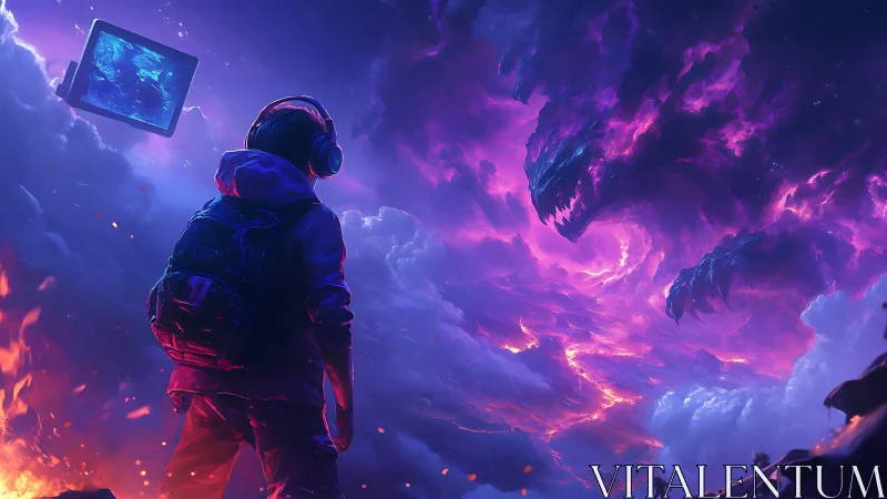 Hooded gamer confronts colossal nebular dragon in neon storm