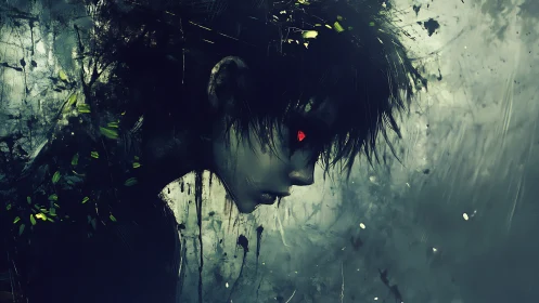 Side profile of dark figure with glowing red eye in fog