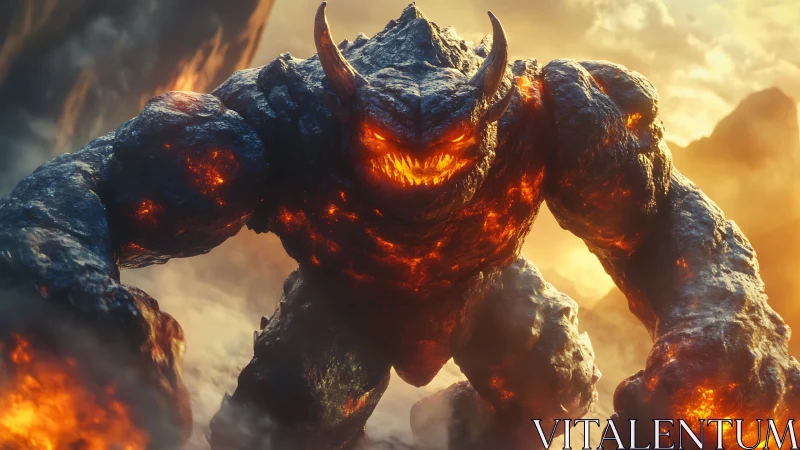 Fiery lava titan strides through a glowing storm of embers.