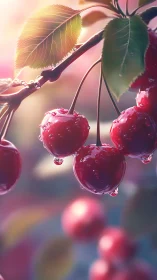 Sunlit dewy cherries glowing softly on a dreamy branch.