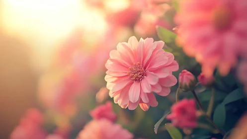 Pink Gerbera Daisy in Soft-Focus Garden with Warm Bokeh Background