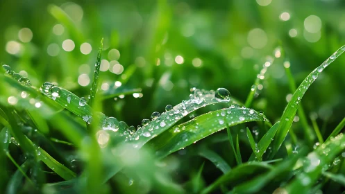Morning dew covers vivid green grass blades in soft bokeh