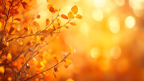 Golden autumn leaves against bright blurred sunlight.