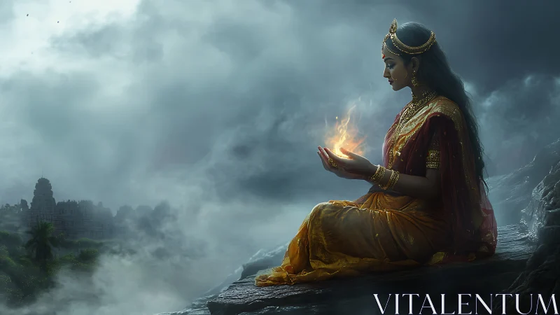 Mystical woman cradling living fire amid misty temple cliffs.