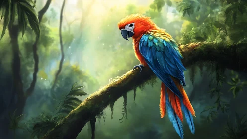 Vibrant Macaw Perched in Lush Jungle, Lifelike Digital Art.