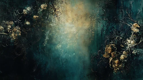 Textured teal floral abstraction with clustered blossoms.