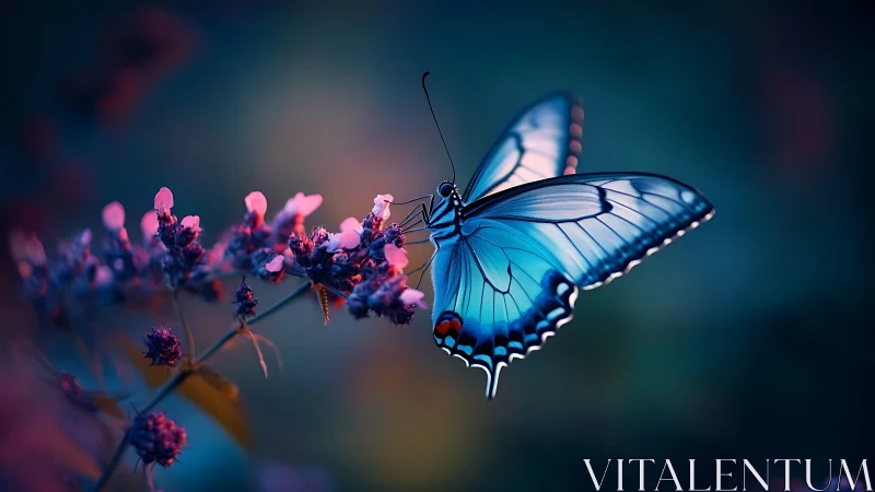Blue swallowtail butterfly glows over neon twilight blooms.