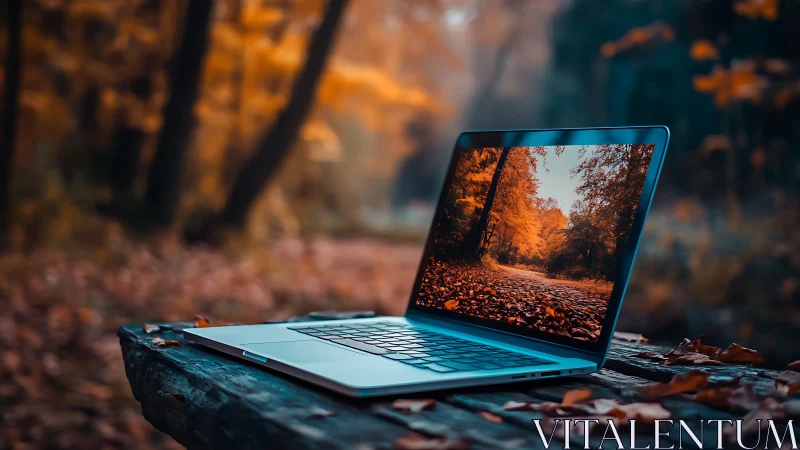 Laptop on wooden surface in autumn woodland setting.