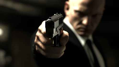 Bald suited agent aiming handgun in shallow depth focus.