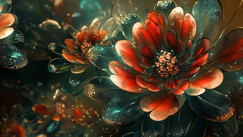 Fractal glass flowers glow with luminous teal and ember petals.
