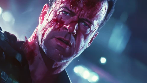 Battle-worn man stares ahead with gritty determination