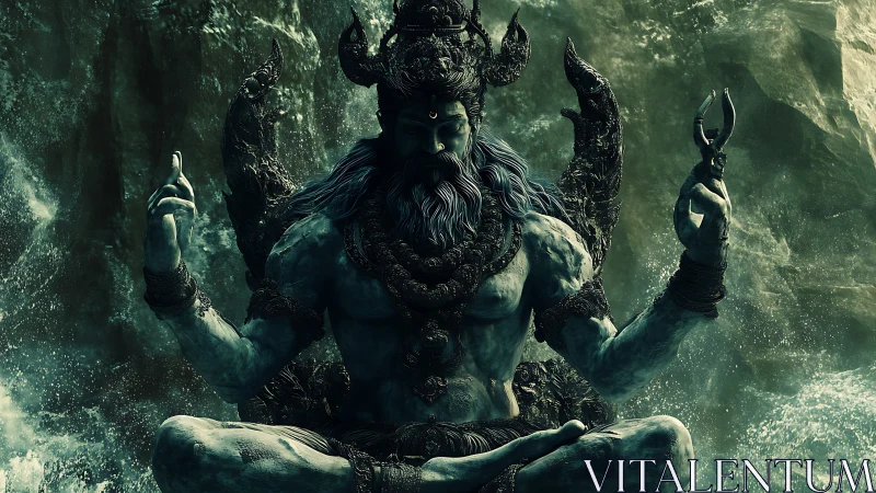 Mythic stone deity meditates against storming ocean backdrop