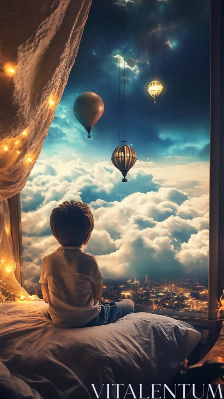 Nocturnal child observer facing stratocumulus dreamscape window.