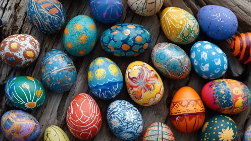Vibrant hand-painted Easter eggs on rustic driftwood surface.