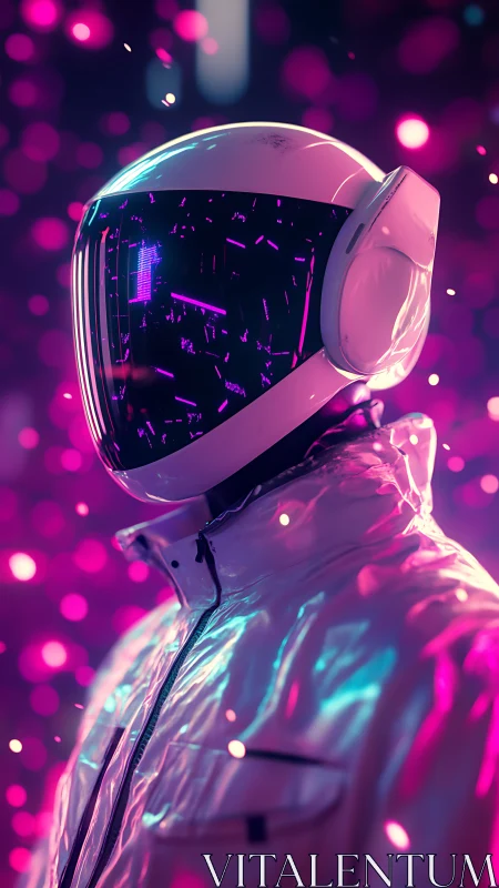 Neon-illuminated astronaut helmet with reflective visor in bokeh field