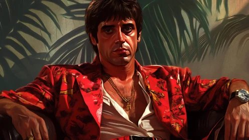 Intense man in red patterned jacket against plants.