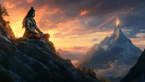 Meditating ascetic overlooks blazing mountain peak at dusk.