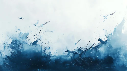 Abstract ocean waves in blue watercolor with dynamic brush splashes.