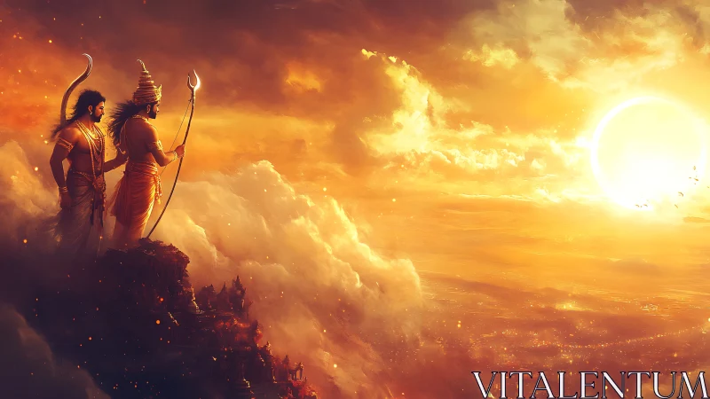 Sunlit guardians watching over a golden cloud kingdom.