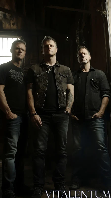 Grim warehouse trio standing like a midnight rock echo.