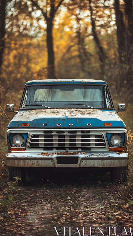 Rusty blue pickup truck rests quietly in an autumn forest