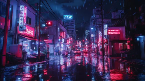 Neon soaked city street glowing under gentle midnight rain.