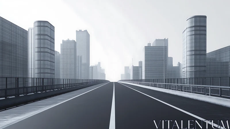 Silent freeway slicing through misty glassbound metropolis.