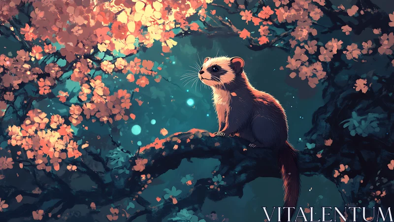 Nocturnal mustelid on bioluminescent bough in stylized bloom.