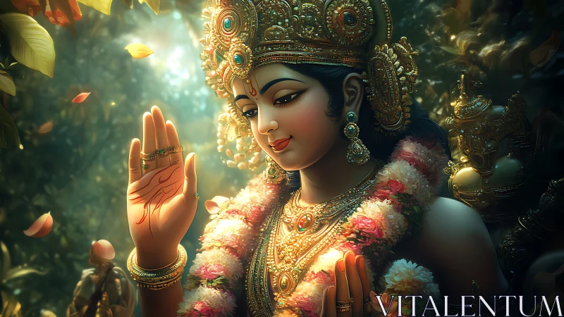 Divine goddess portrait radiates light through ornate forest