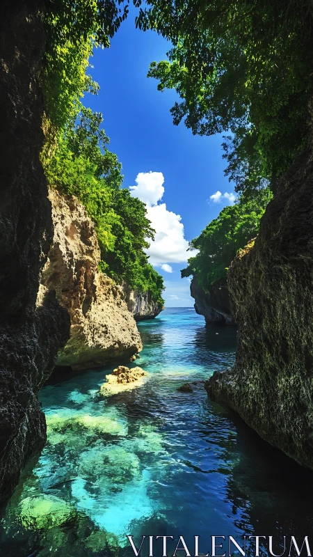 Narrow tropical limestone inlet with clear cyan tidal lagoon