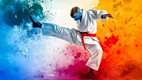 Karate practitioner executing kick amid split color splash.
