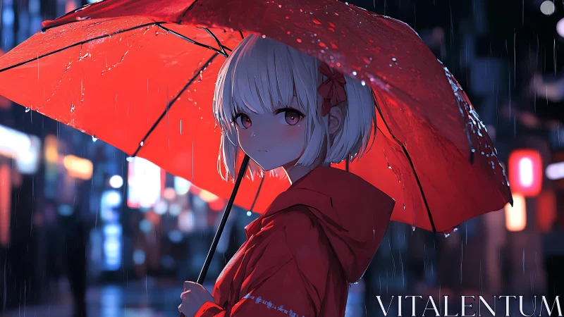 Scarlet umbrella girl wandering through neon rainlit night.