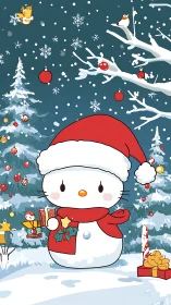 Cute snowman cat in red scarf in snowy Christmas forest.