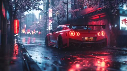 Neon-illuminated GT-R under rain-slicked urban sakura canopy.