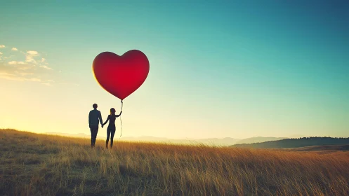 Couple Holding Red Heart-Shaped Balloon in Open Field